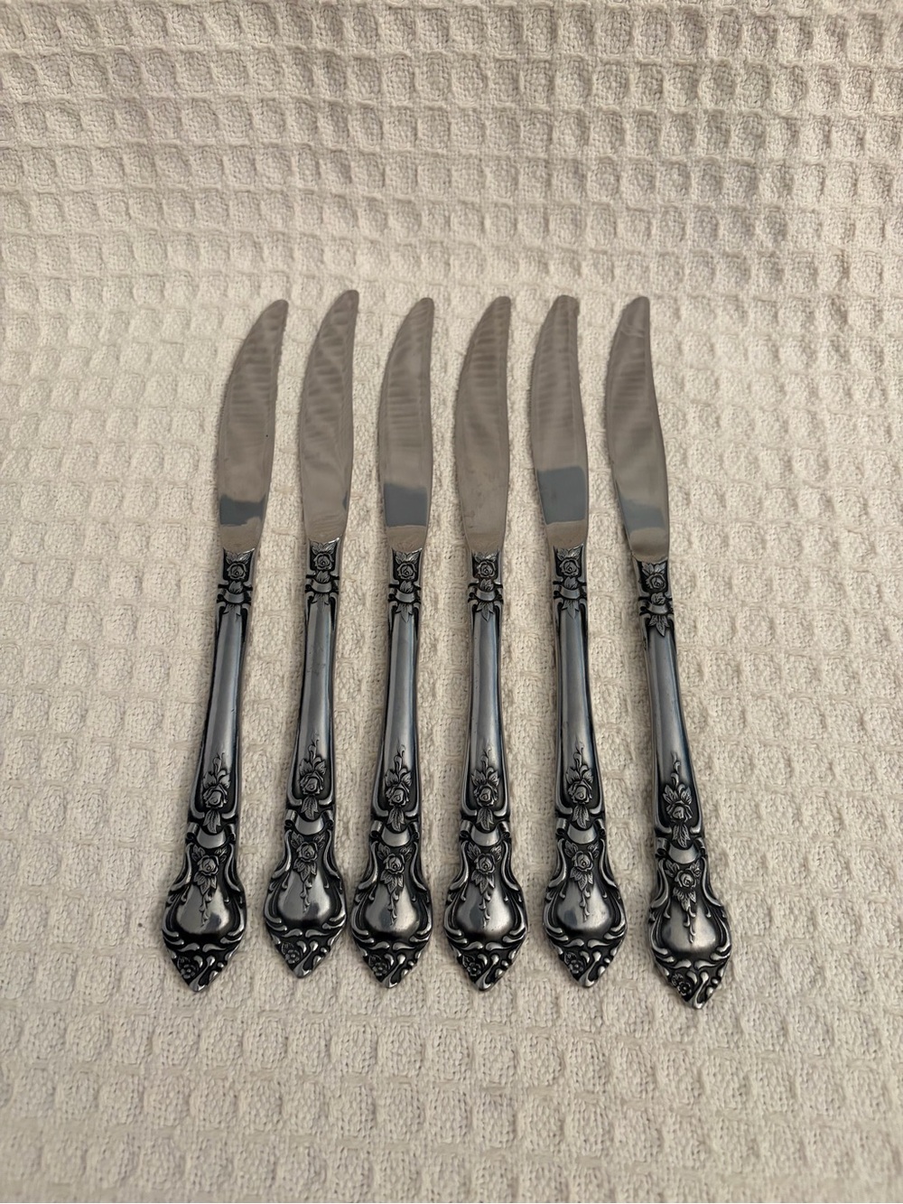 Vintage National Rose & Leaf Pattern  Stainless Dinner Knives Set of 6 Japan